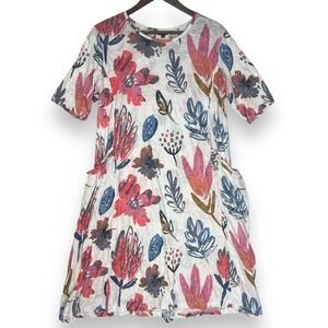 Shana Floral Short Sleeve Dress Watercolor Botanical Slub Knit Crinkle‎ XS Artsy